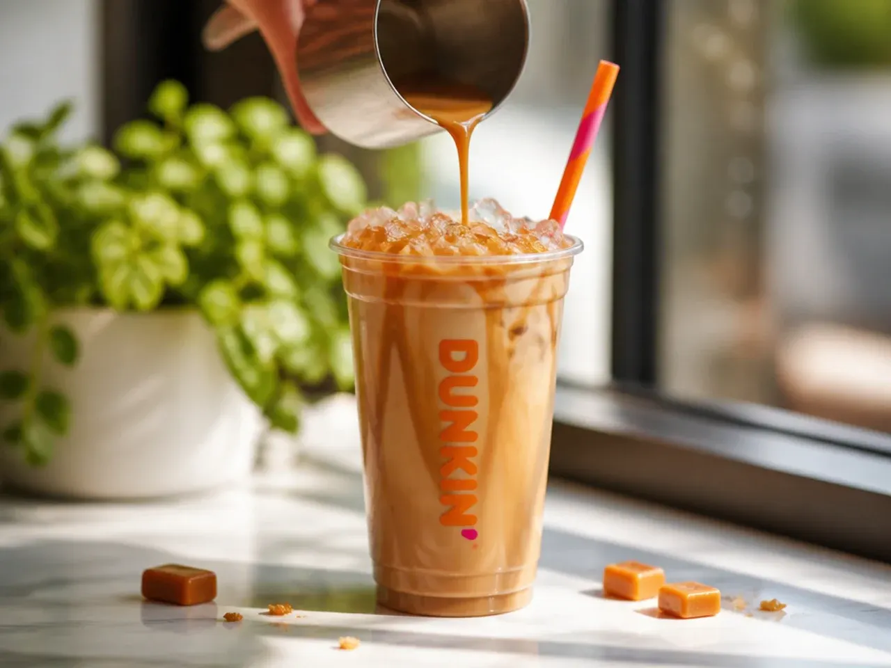 Caramel latte topped with whipped cream and a caramel drizzle in a glass mug
