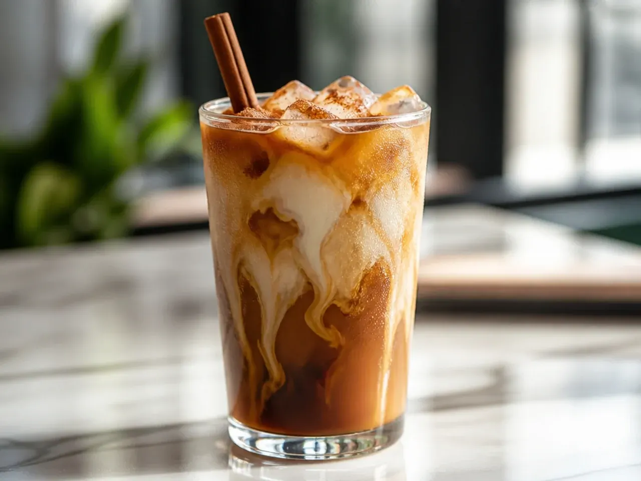 Glass of cold brew coffee with sweet cream floating on top before mixing
