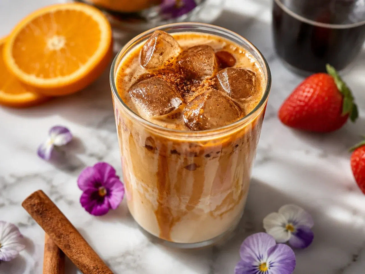 Mug of cinnamon spice coffee dusted with cinnamon and a cinnamon stick garnish