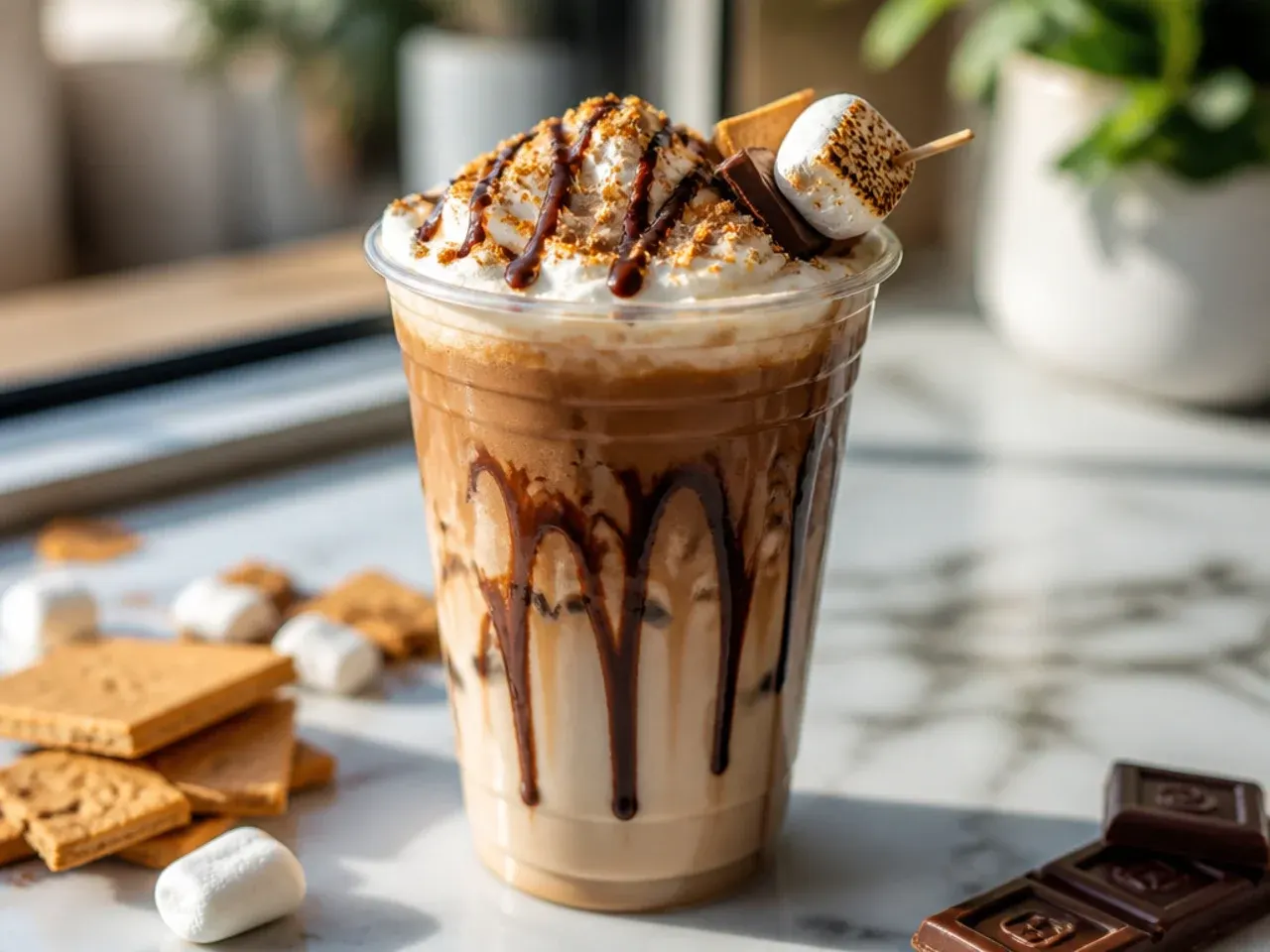 S'mores latte topped with whipped cream, chocolate drizzle and crushed biscuit crumbs