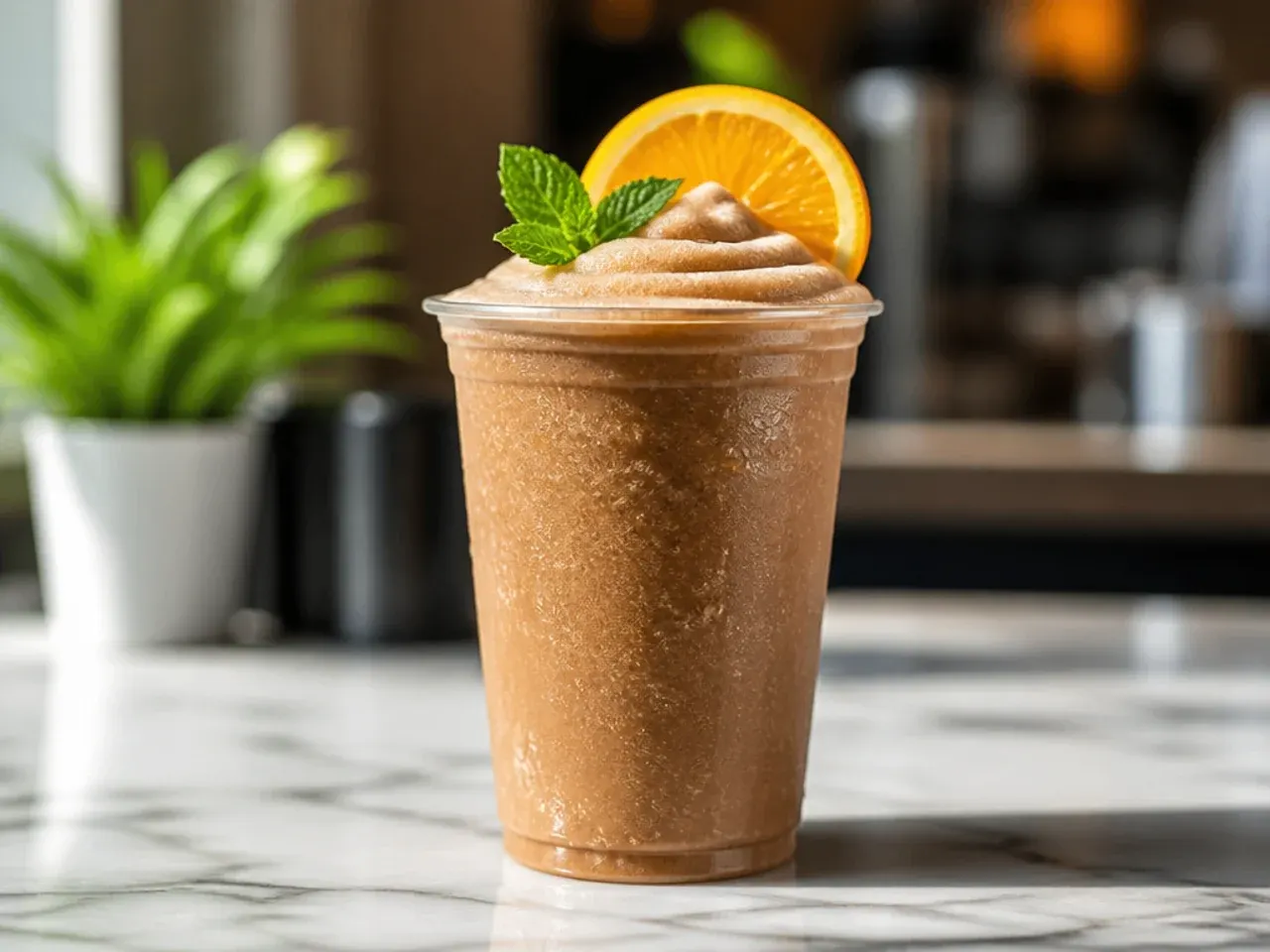 Frozen coffee coolatta in a tall glass with a straw, topped with whipped cream