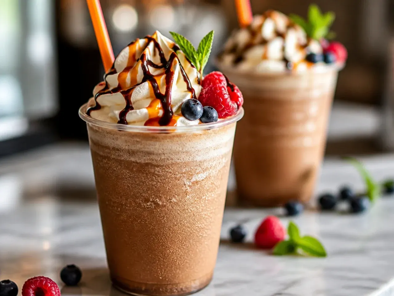 Blended caramel mocha frappe with caramel swirls visible through the glass