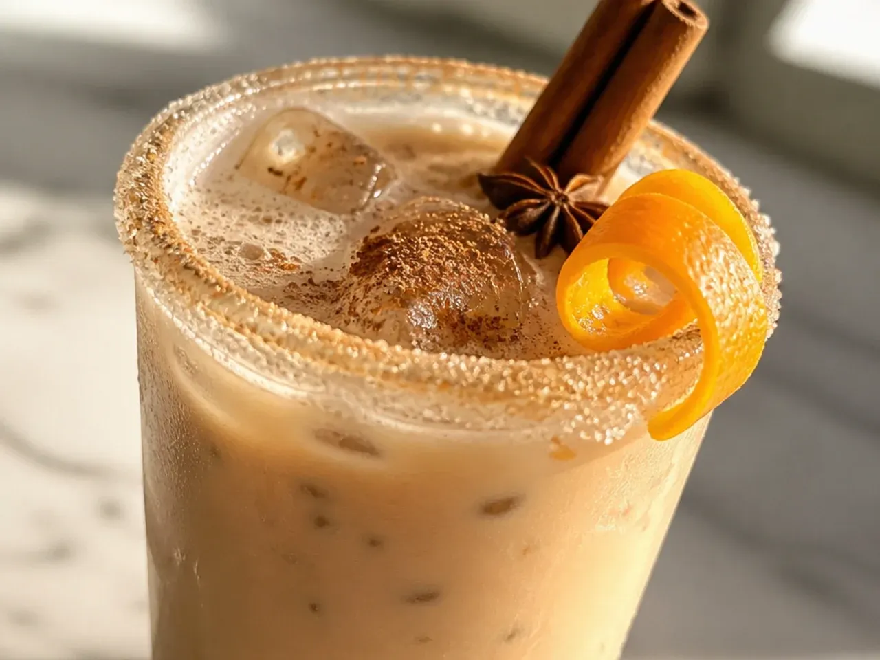 Spiced chai latte in a glass mug with a cinnamon stick and visible spice flecks