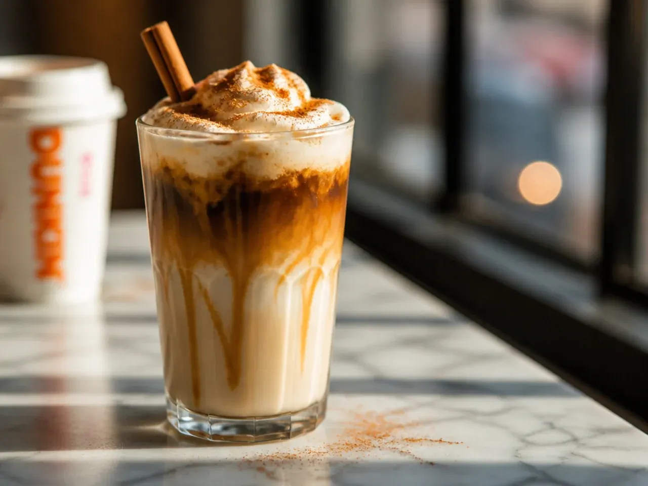 Layered caramel macchiato in a glass showing distinct milk and espresso layers with caramel drizzle on top