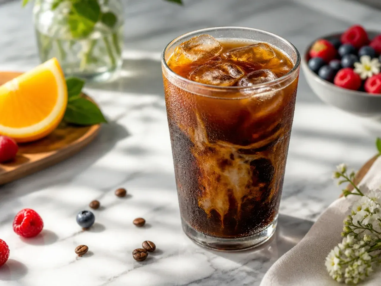 Strong iced coffee with a visible espresso shot poured on top over ice