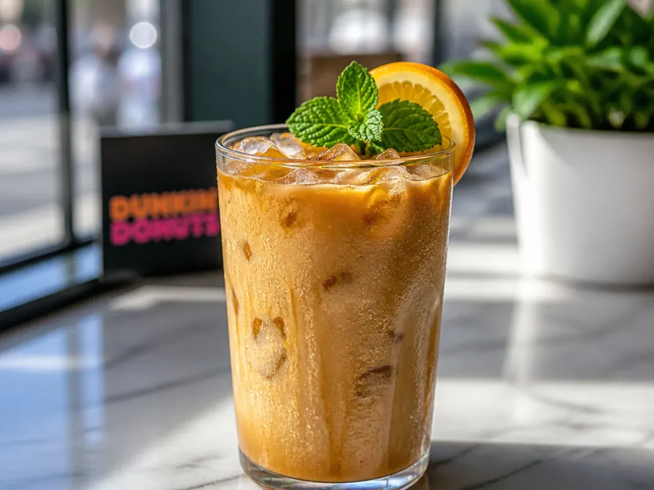 Iced toasted almond coffee in a glass with a light caramel-toned colour