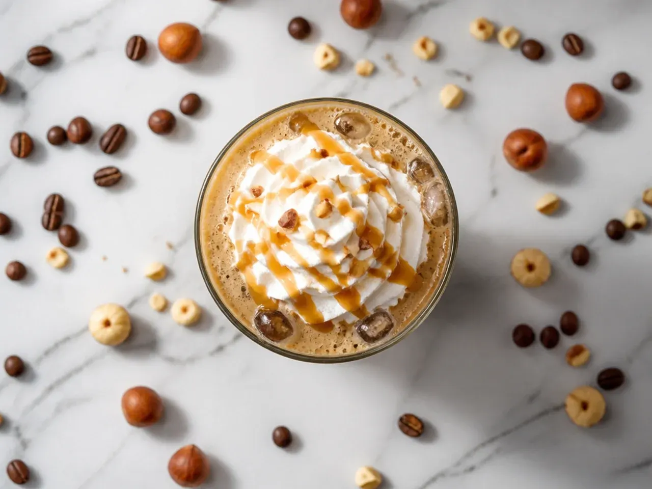 Mug of hazelnut coffee with cream swirling in
