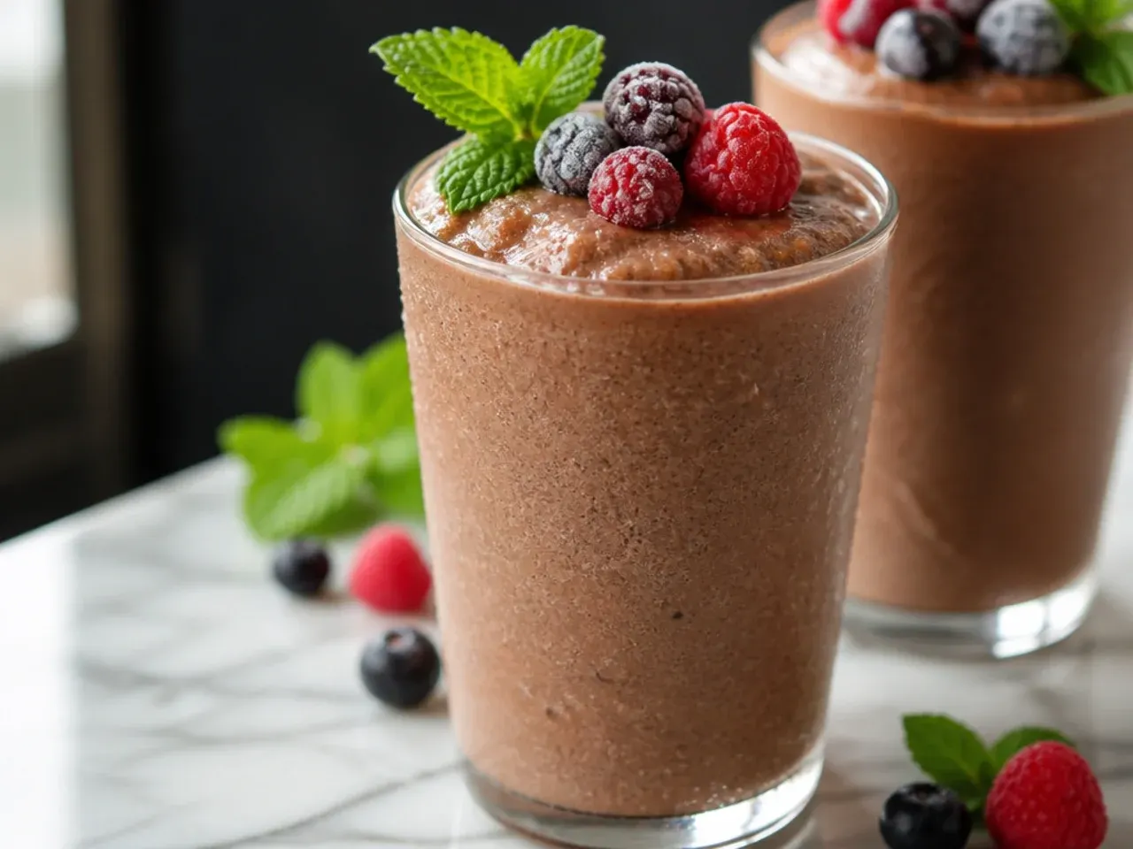 Frozen chocolate coolatta in a glass with chocolate drizzle around the rim