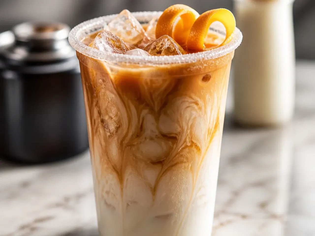 French vanilla latte with light foam and vanilla bean flecks on top