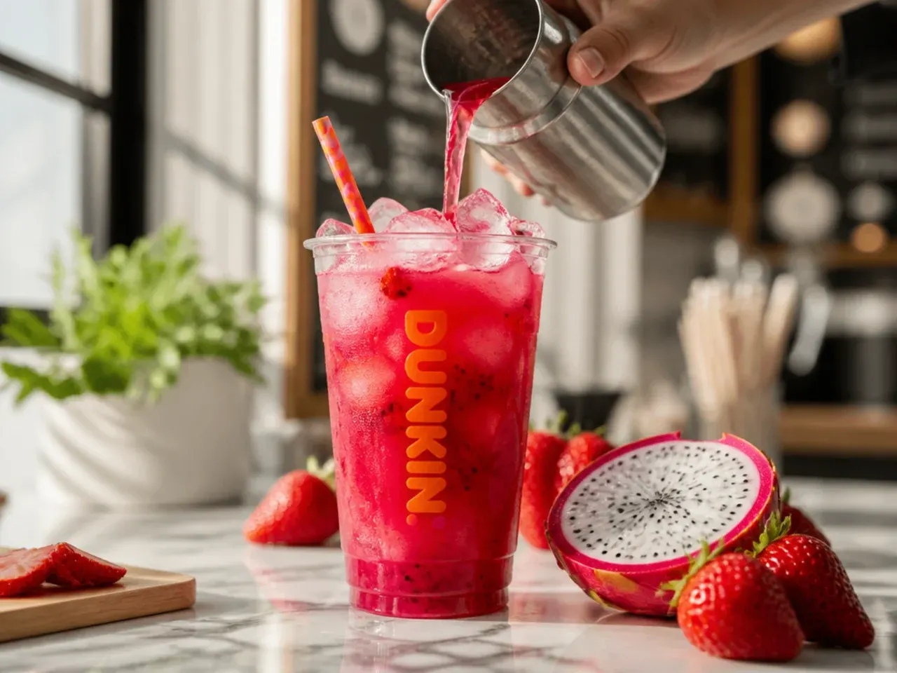 Bright pink strawberry dragonfruit refresher in a glass with visible fruit pieces and ice
