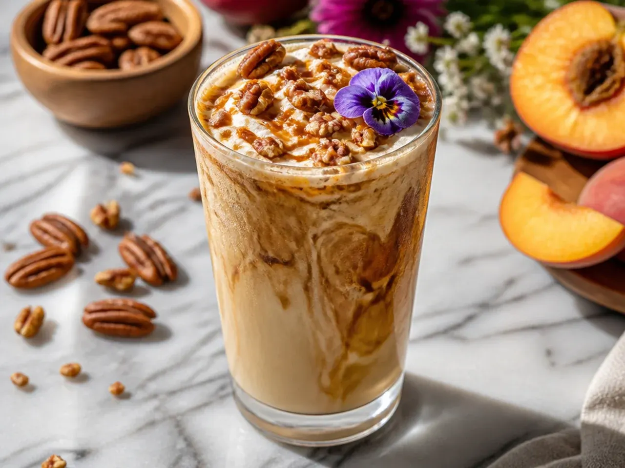 Butter pecan latte topped with whipped cream and chopped toasted pecans