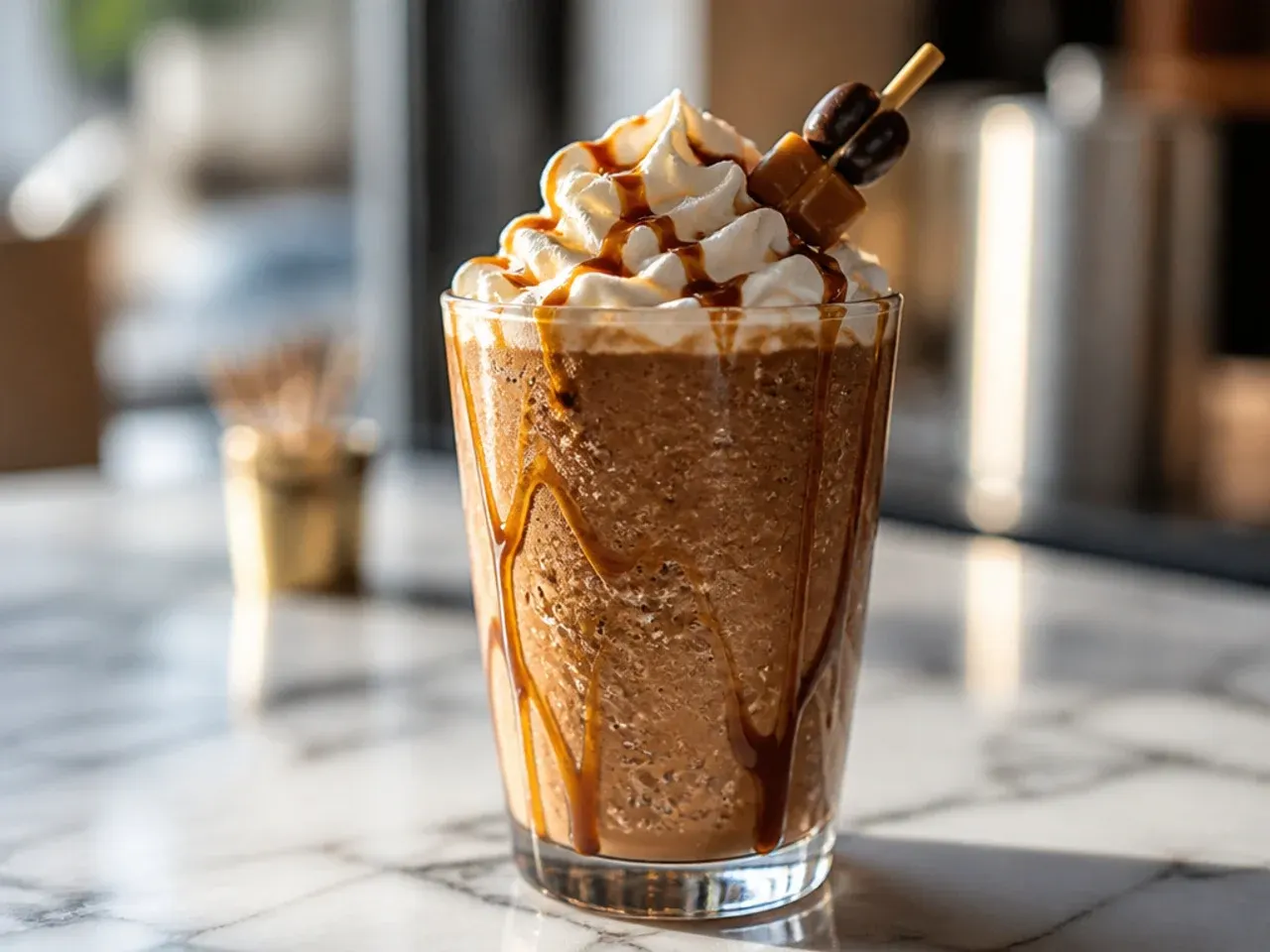 Frozen caramel mocha coolatta in a tall glass with caramel drizzle and whipped cream