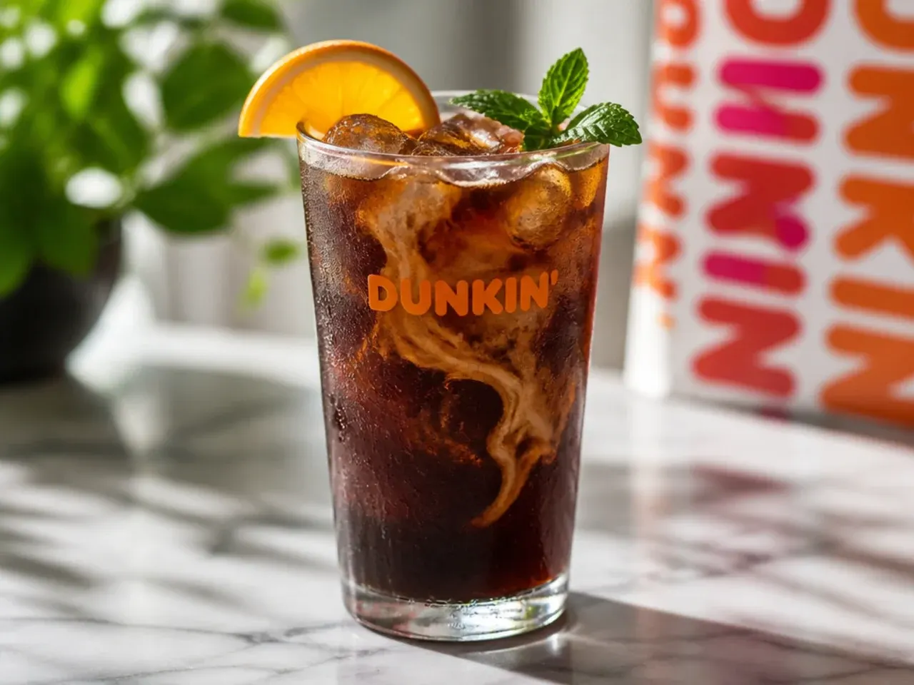 Glass of cold brew being poured quickly from a jar of concentrate over ice
