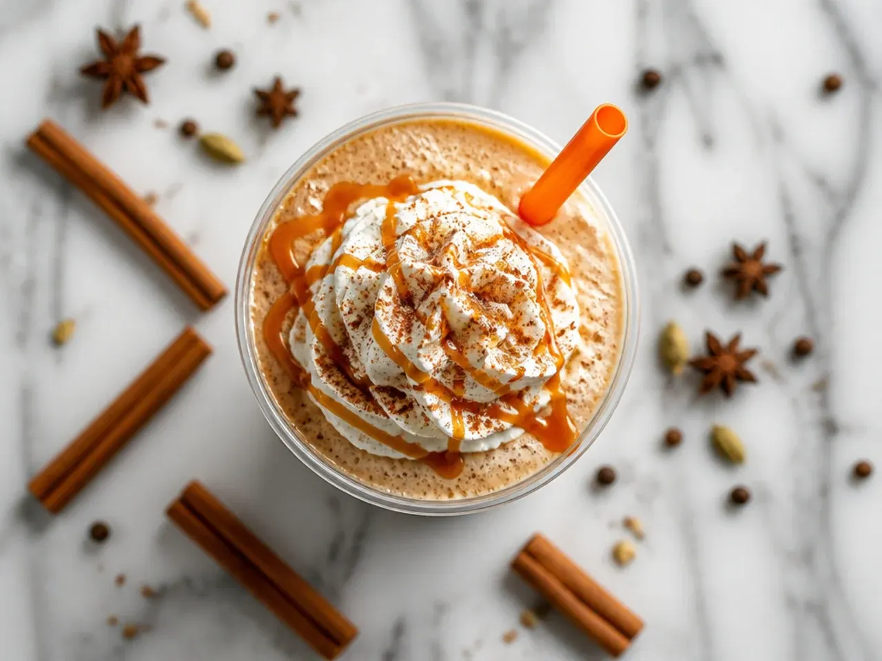 Blended vanilla chai frappe in a glass with a dusting of cinnamon on top