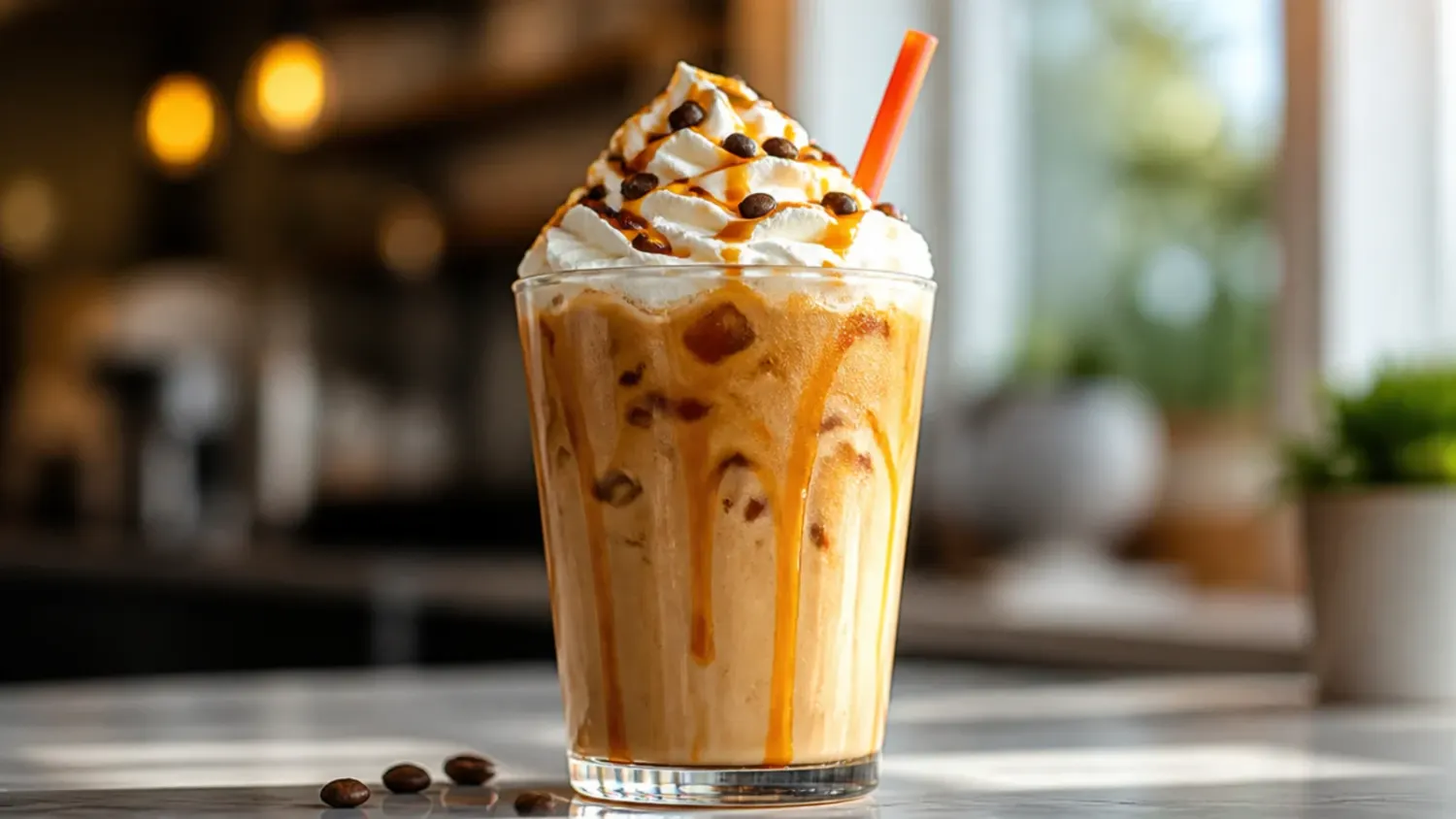 Three tall glasses of copycat Dunkin-style iced coffee, caramel macchiato and frozen coffee drink lined up on a wooden counter with a bag of coffee beans and a bottle of caramel syrup nearby