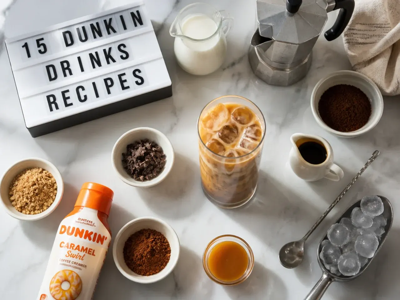Close-up of caramel sauce being drizzled over a layered iced coffee drink in a clear glass