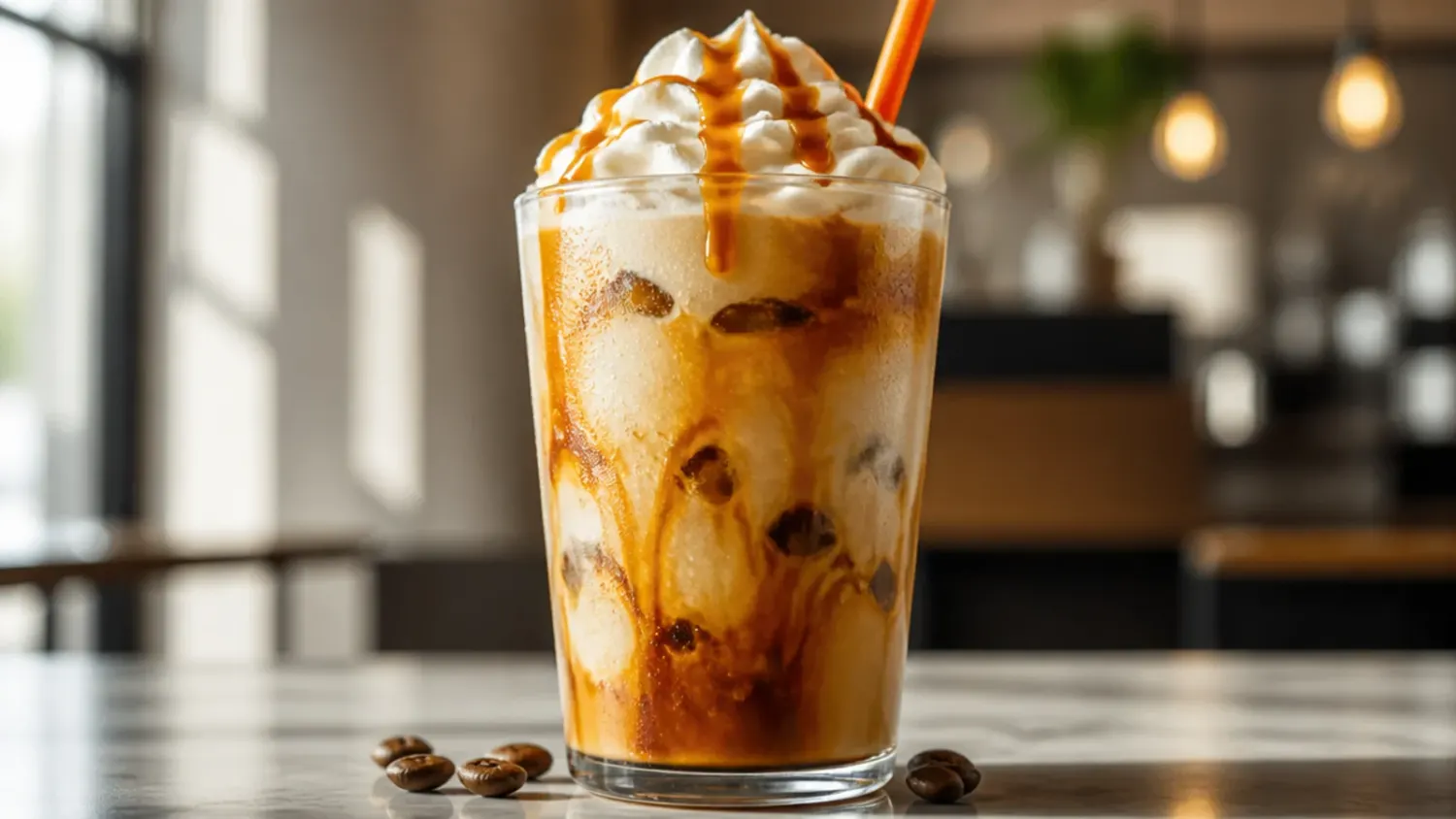 A lineup of colourful iced coffee drinks in clear plastic cups with straws, styled like a Dunkin-inspired copycat coffee bar