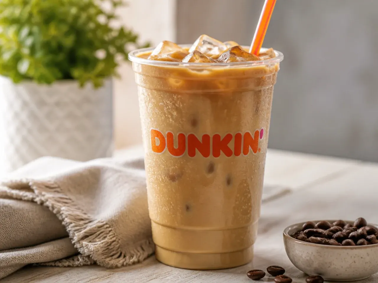 Overhead shot of iced coffee ingredients including espresso, milk, syrup bottles and ice on a kitchen counter