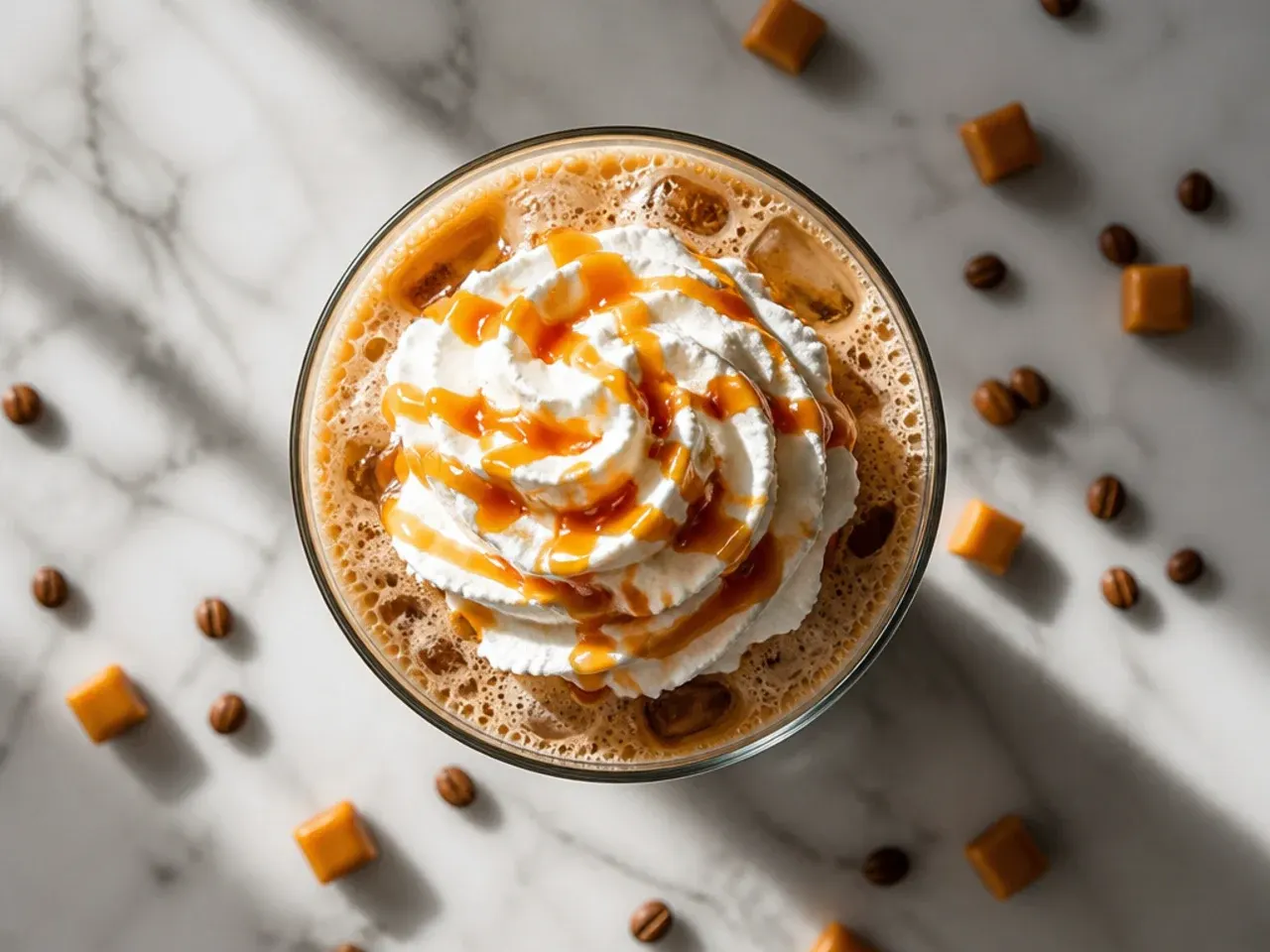 Iced caramel latte with visible caramel swirl and whipped cream in a tall glass
