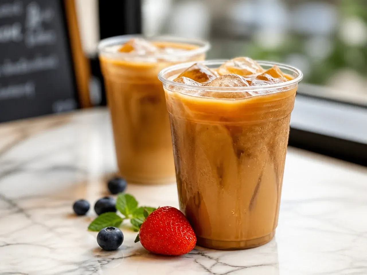 Classic iced coffee with milk swirling into dark coffee over ice cubes