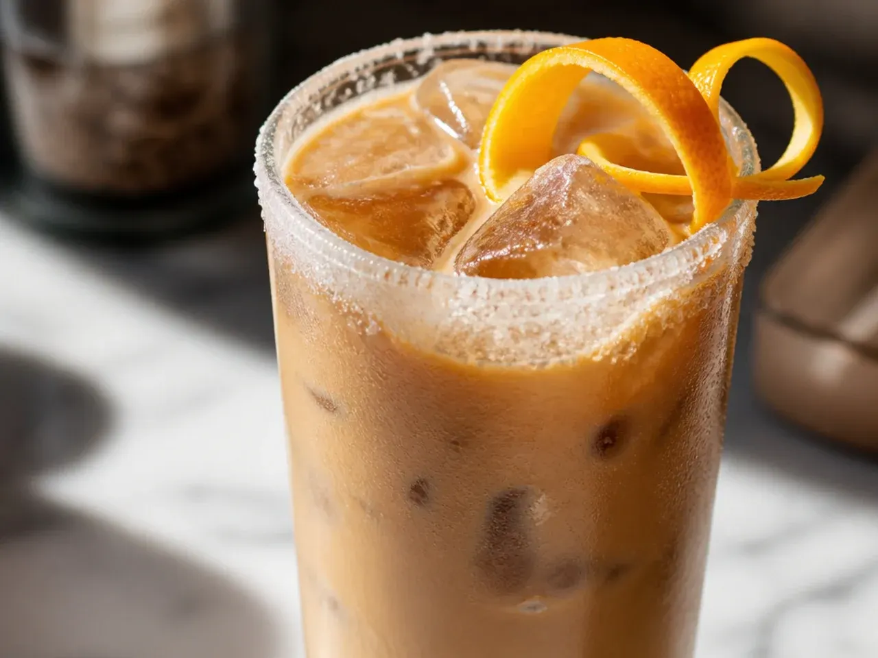 Iced mocha vanilla latte in a clear cup with cocoa powder dusted on top