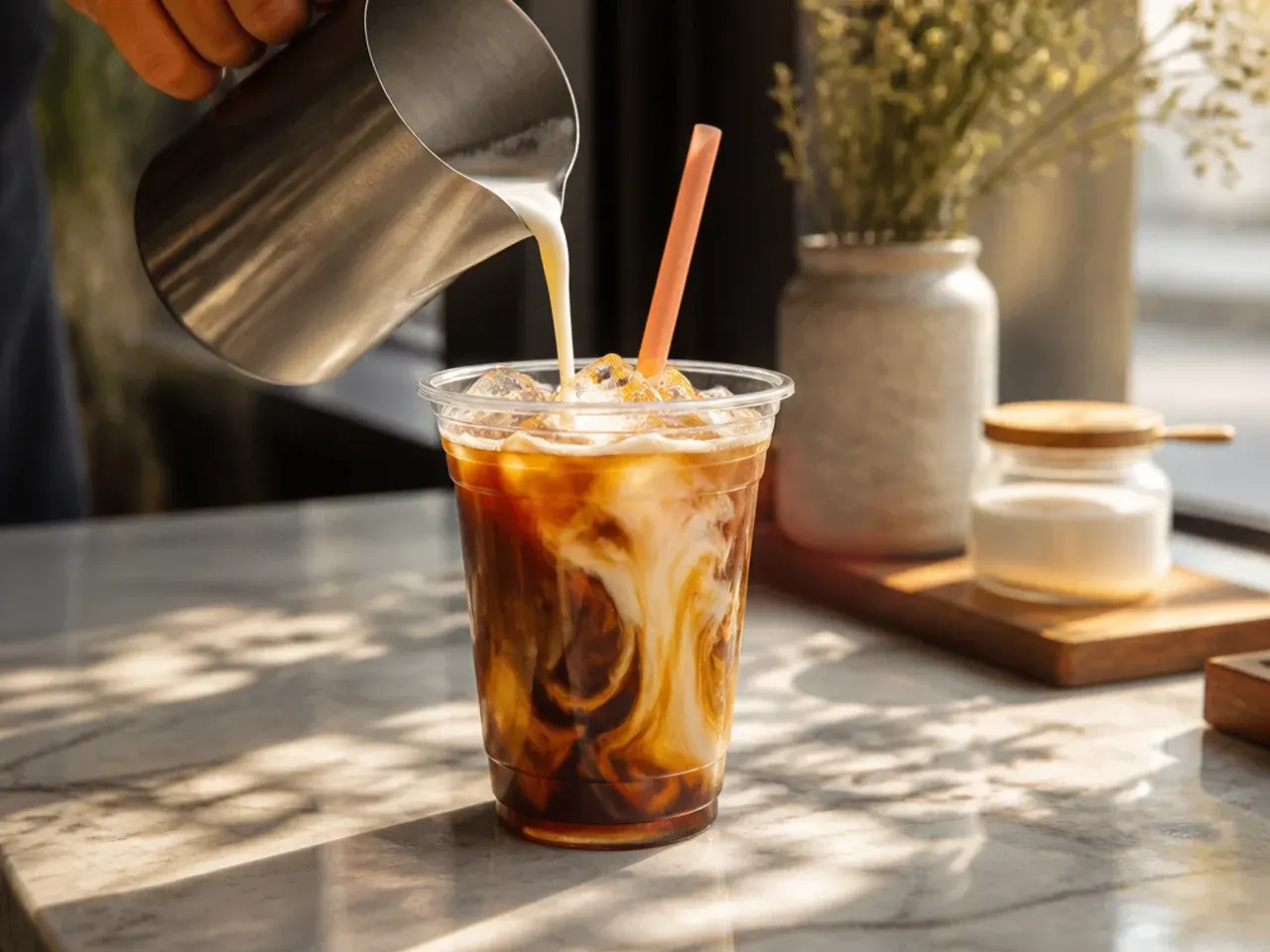 Creamy vanilla cold brew coffee being poured into a glass of ice