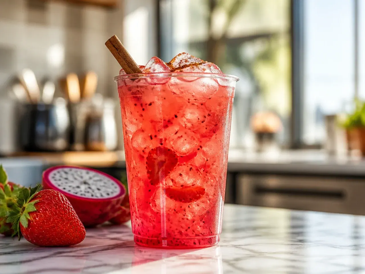 Pink strawberry dragonfruit refresher with fresh fruit pieces in a tall glass