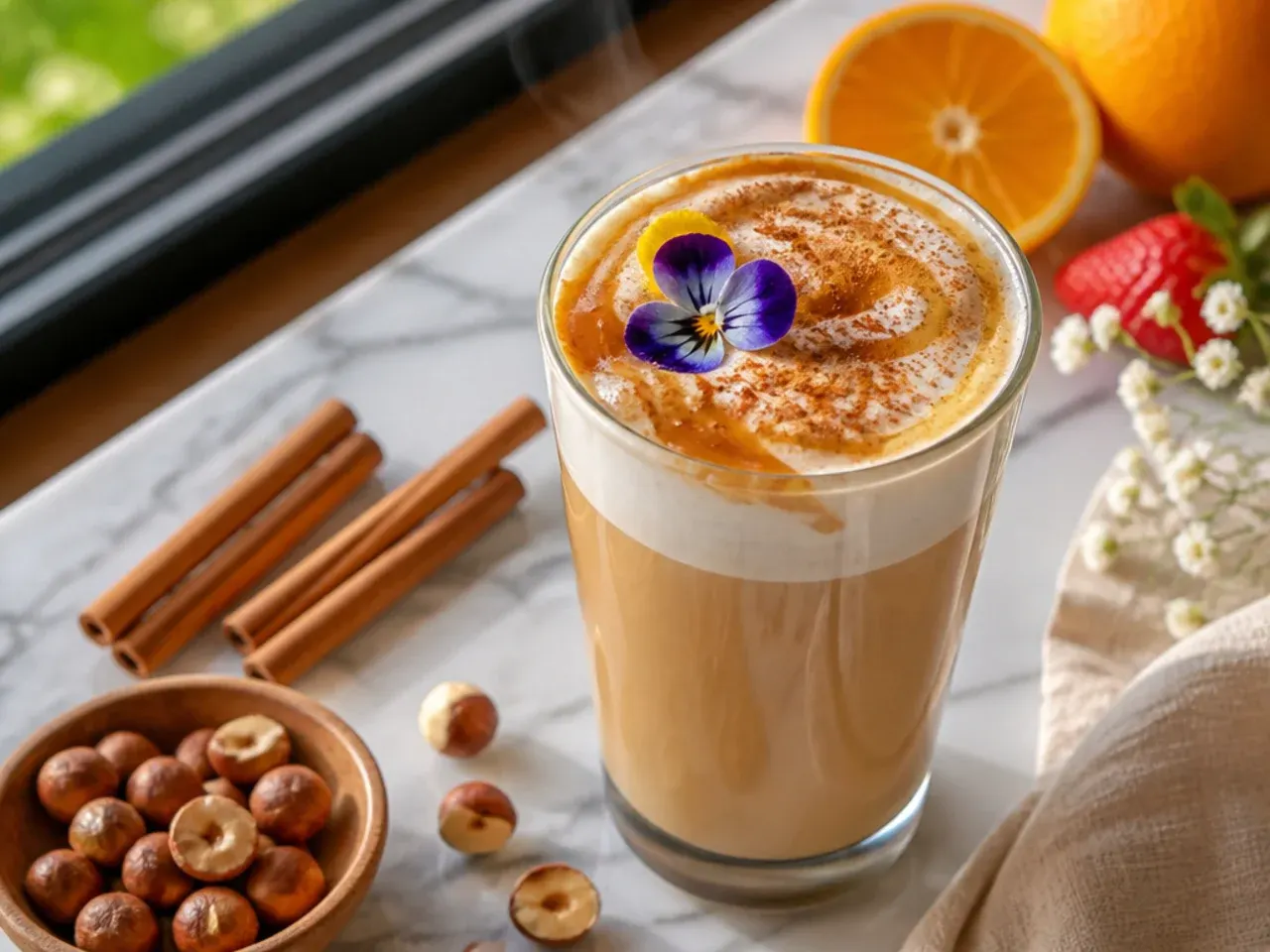 Hot cinnamon hazelnut latte with milky foam and a cinnamon dusting in a ceramic mug