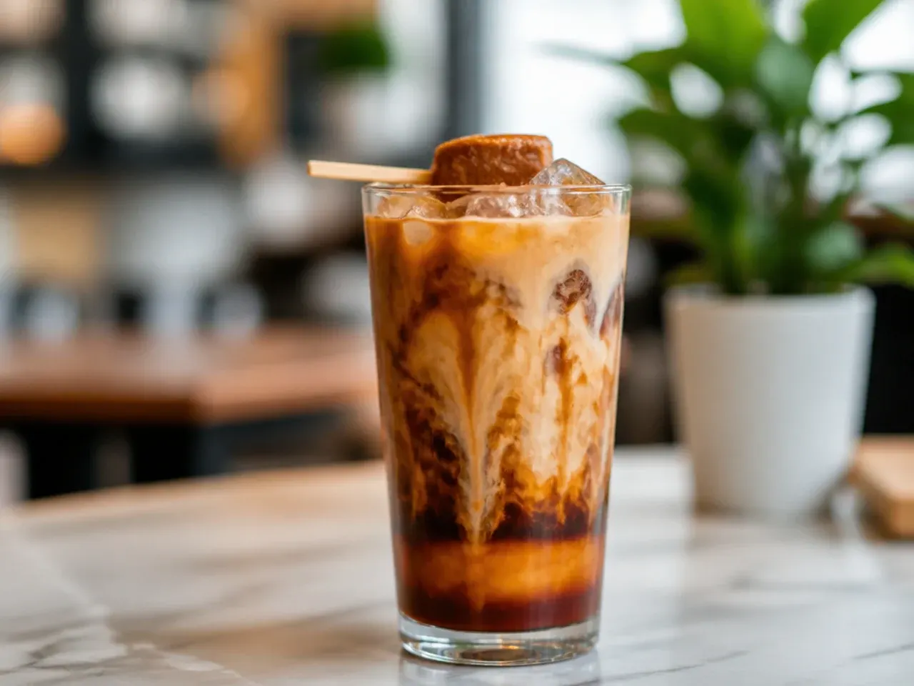 Cookie butter cold brew topped with whipped cream and crushed biscuit crumbs