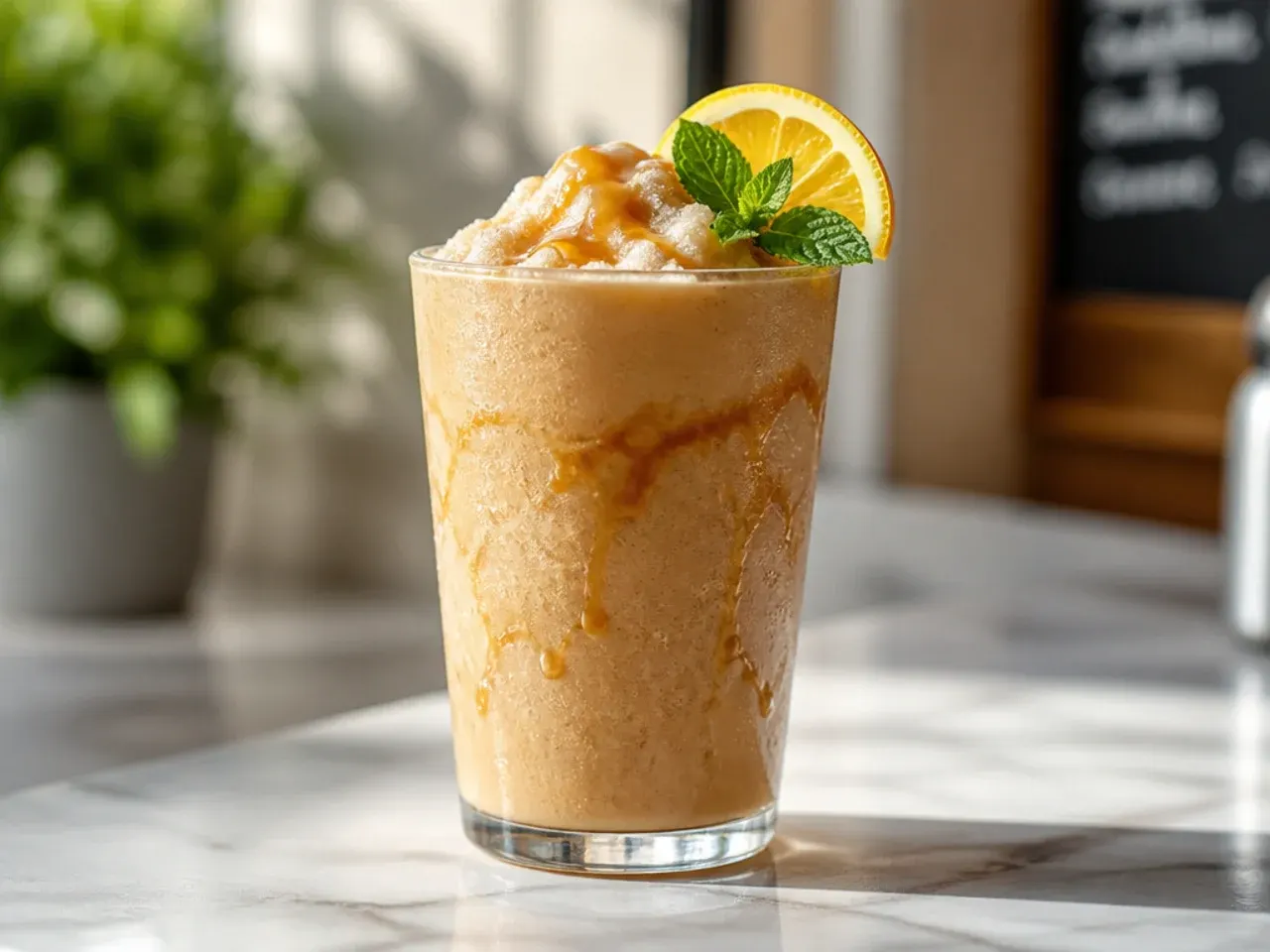 Frozen caramel coolatta slushy coffee drink with caramel drizzle in a clear cup