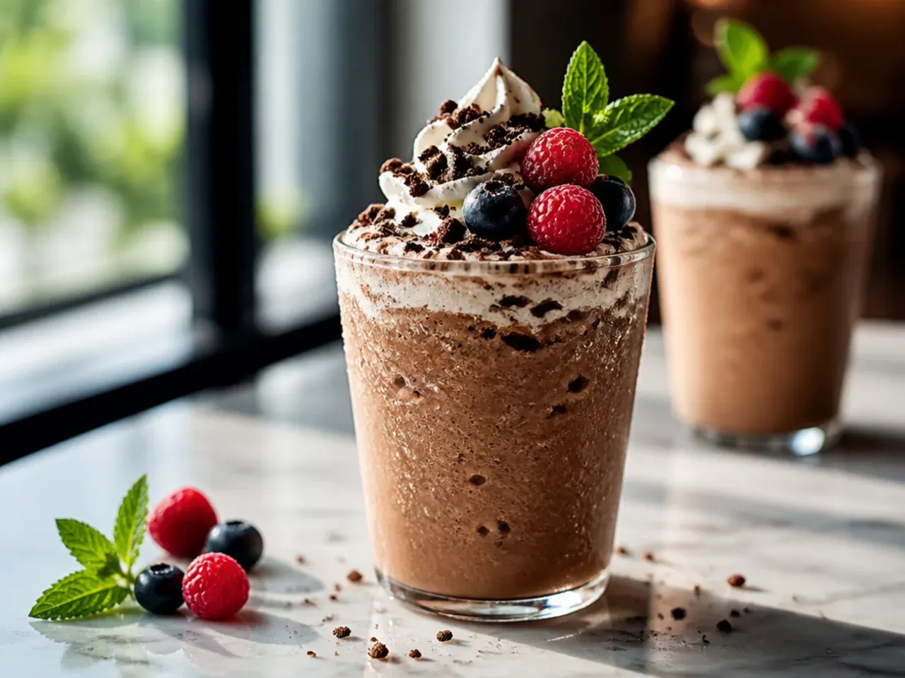 Blended frozen mocha cookie crumble coffee drink with chocolate drizzle, whipped cream and cookie crumbs