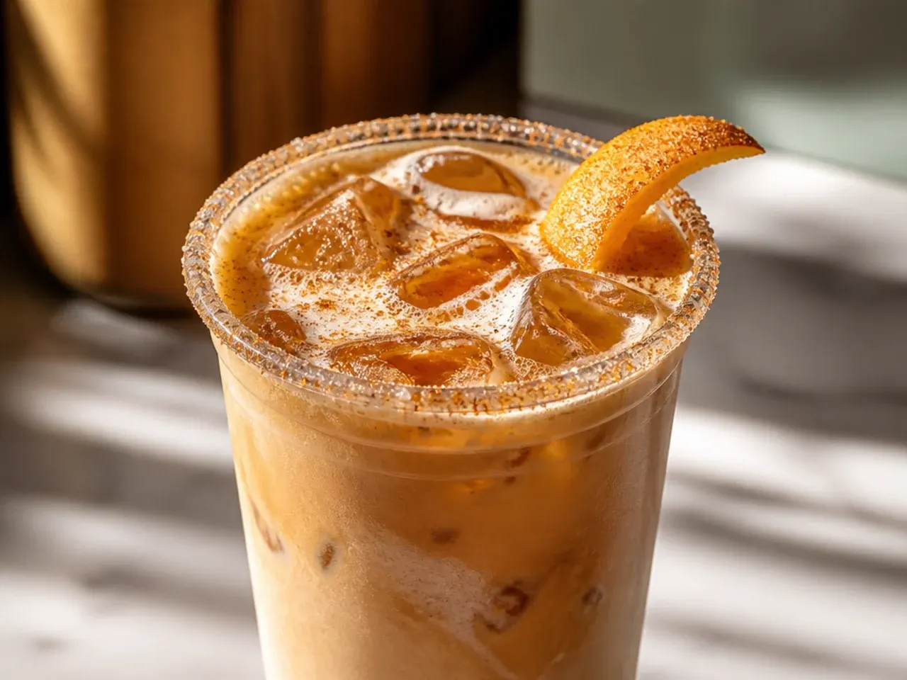 Spiced pumpkin latte with whipped cream and pumpkin spice dusting in a glass mug