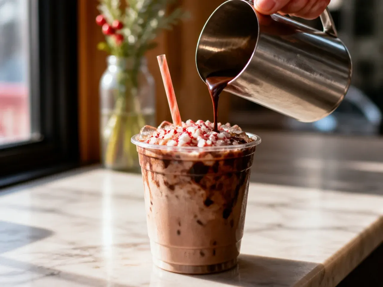 Peppermint mocha latte topped with whipped cream and crushed candy cane in a mug