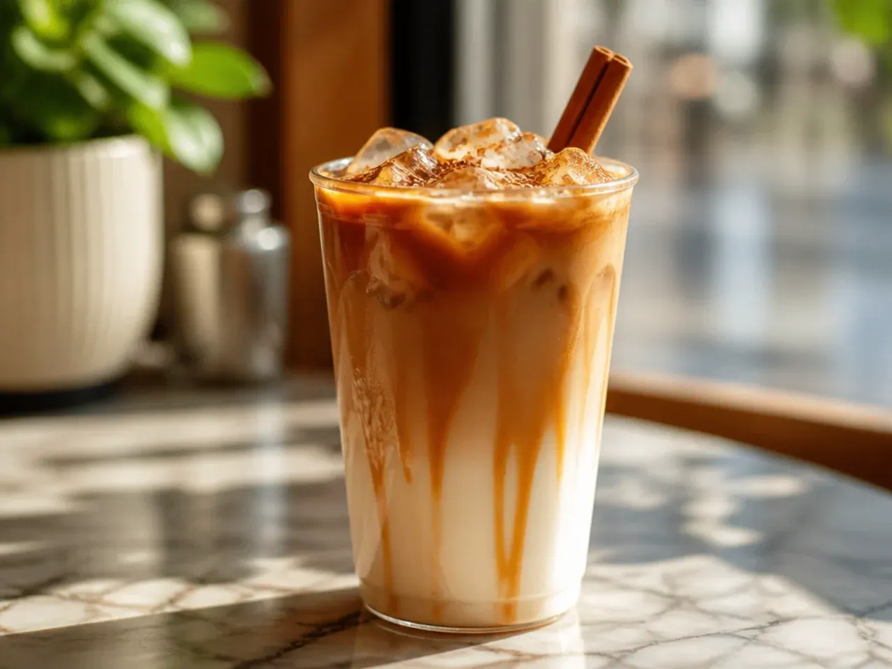 Layered caramel macchiato with visible espresso and milk layers and caramel drizzle