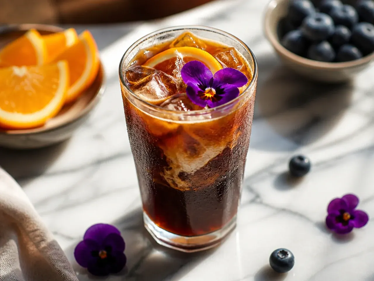 Bold black iced espresso in a rocks glass with dark coffee over ice