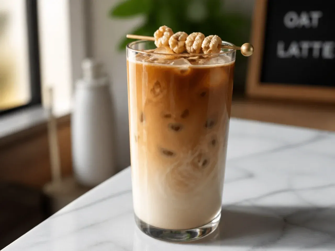 Oat milk latte with smooth microfoam art in a white ceramic cup