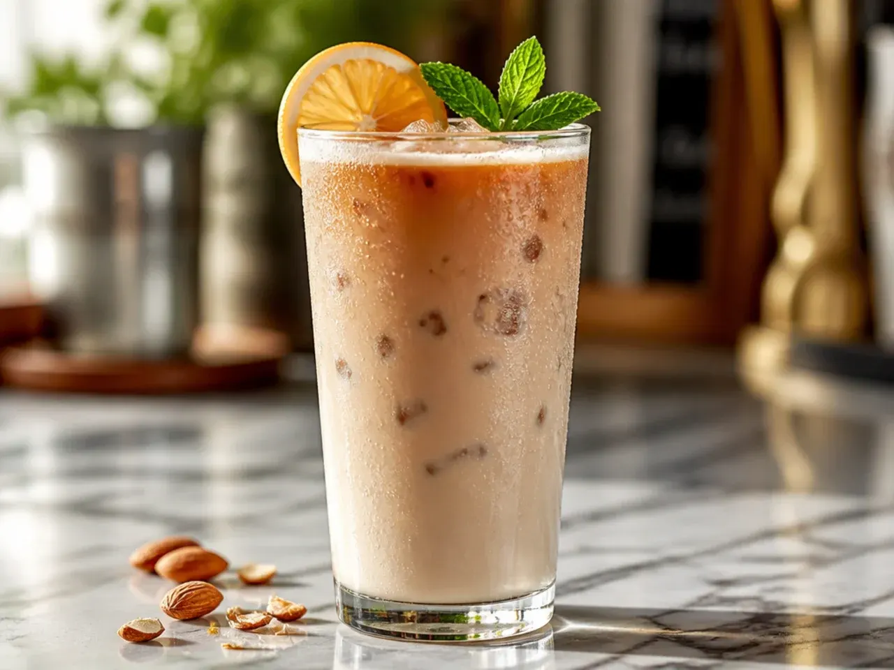 Iced toasted almond latte with cinnamon sugar dusting in a tall glass