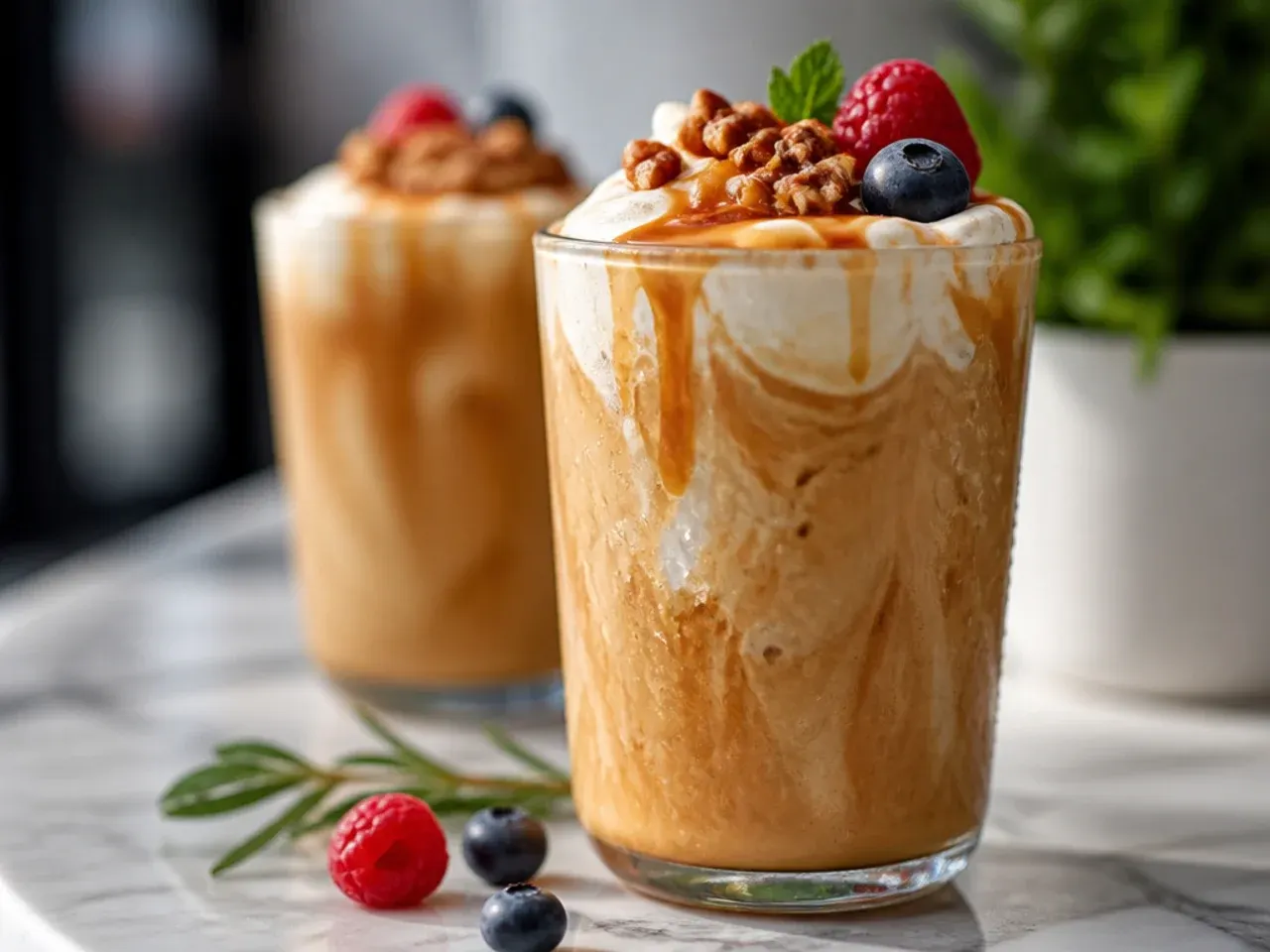 Butter pecan swirl latte topped with whipped cream and chopped toasted pecans