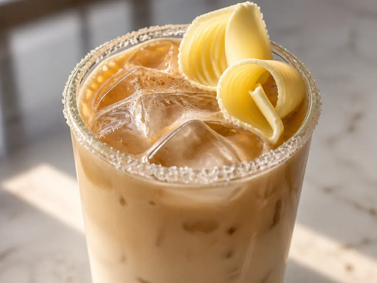 White chocolate latte with whipped cream and white chocolate drizzle in a glass mug