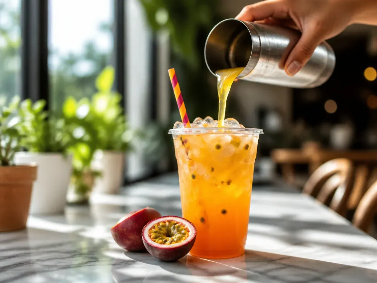 Peach passionfruit refresher tea drink with fresh peach pieces in a glass