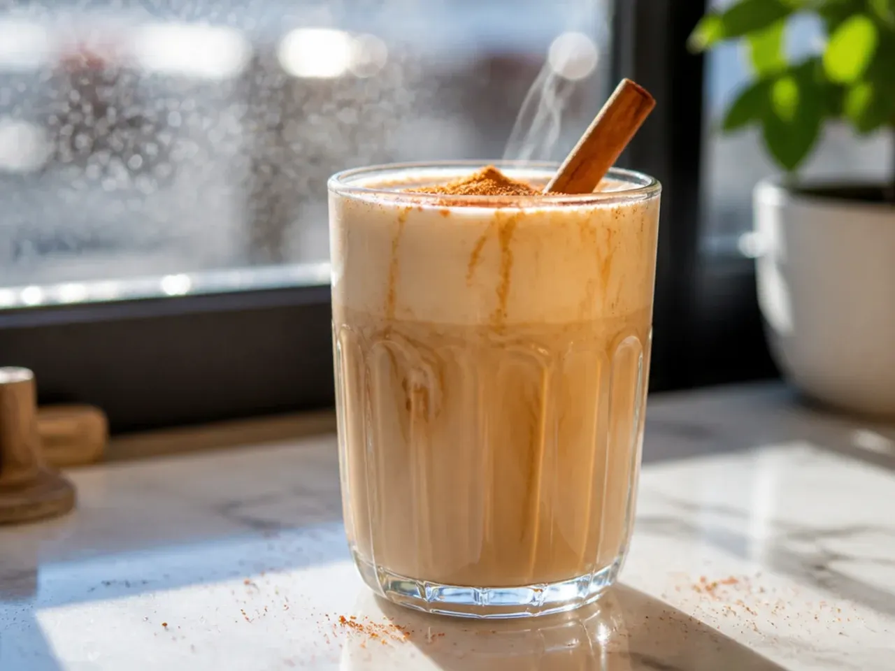 Spiced chai latte with cinnamon dusting and milky foam in a mug