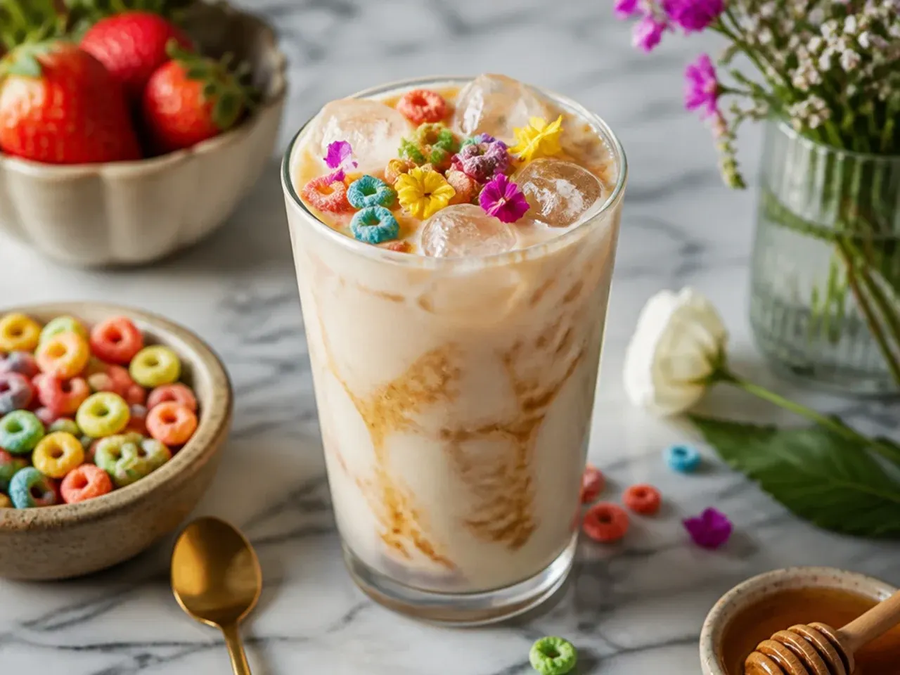 Cereal milk latte topped with colourful cereal pieces in a clear glass