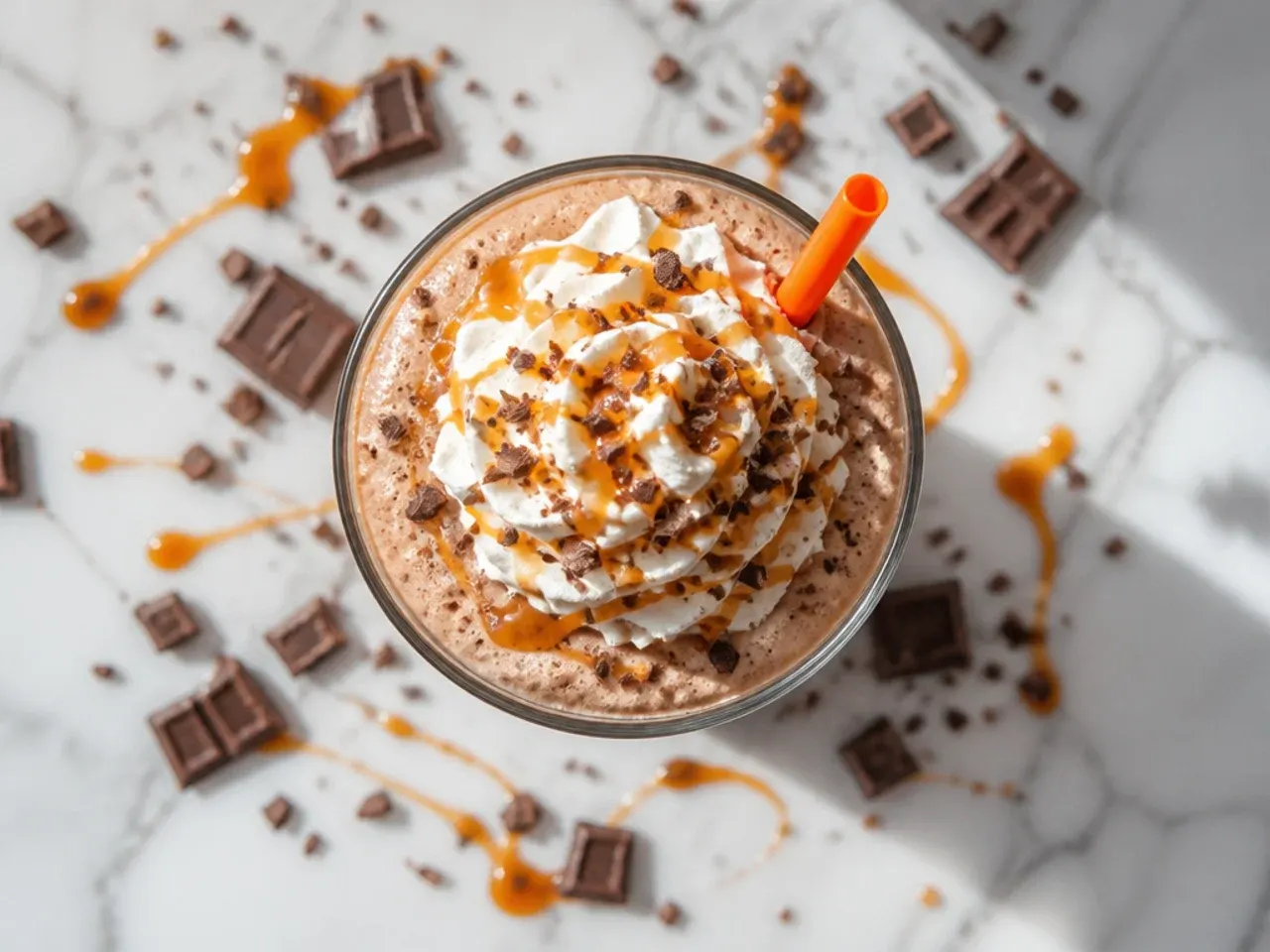 Caramel chocolate frappe with striped caramel and chocolate drizzle and whipped cream