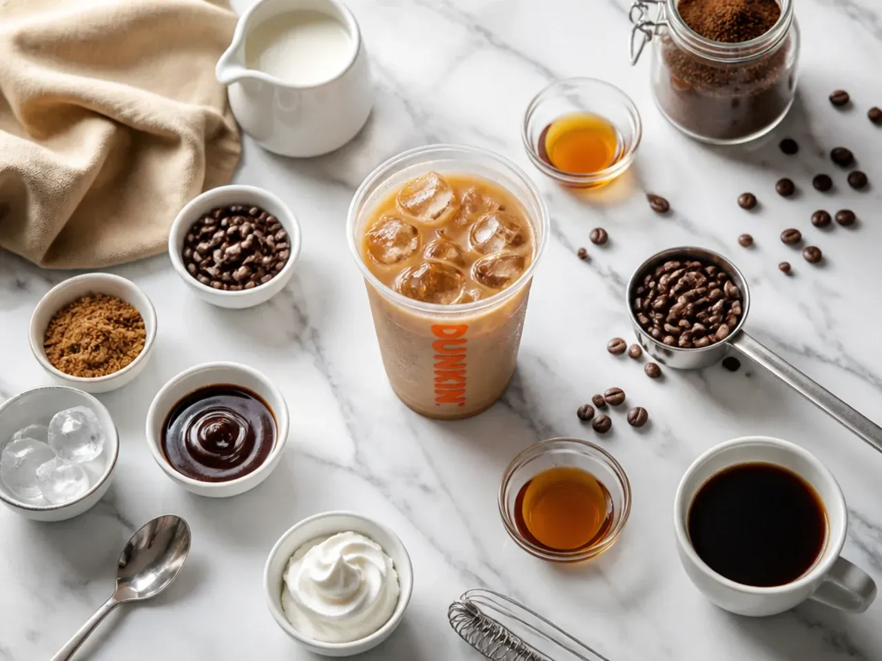 Barista tools including a shaker, syrup bottles and a milk frother on a counter