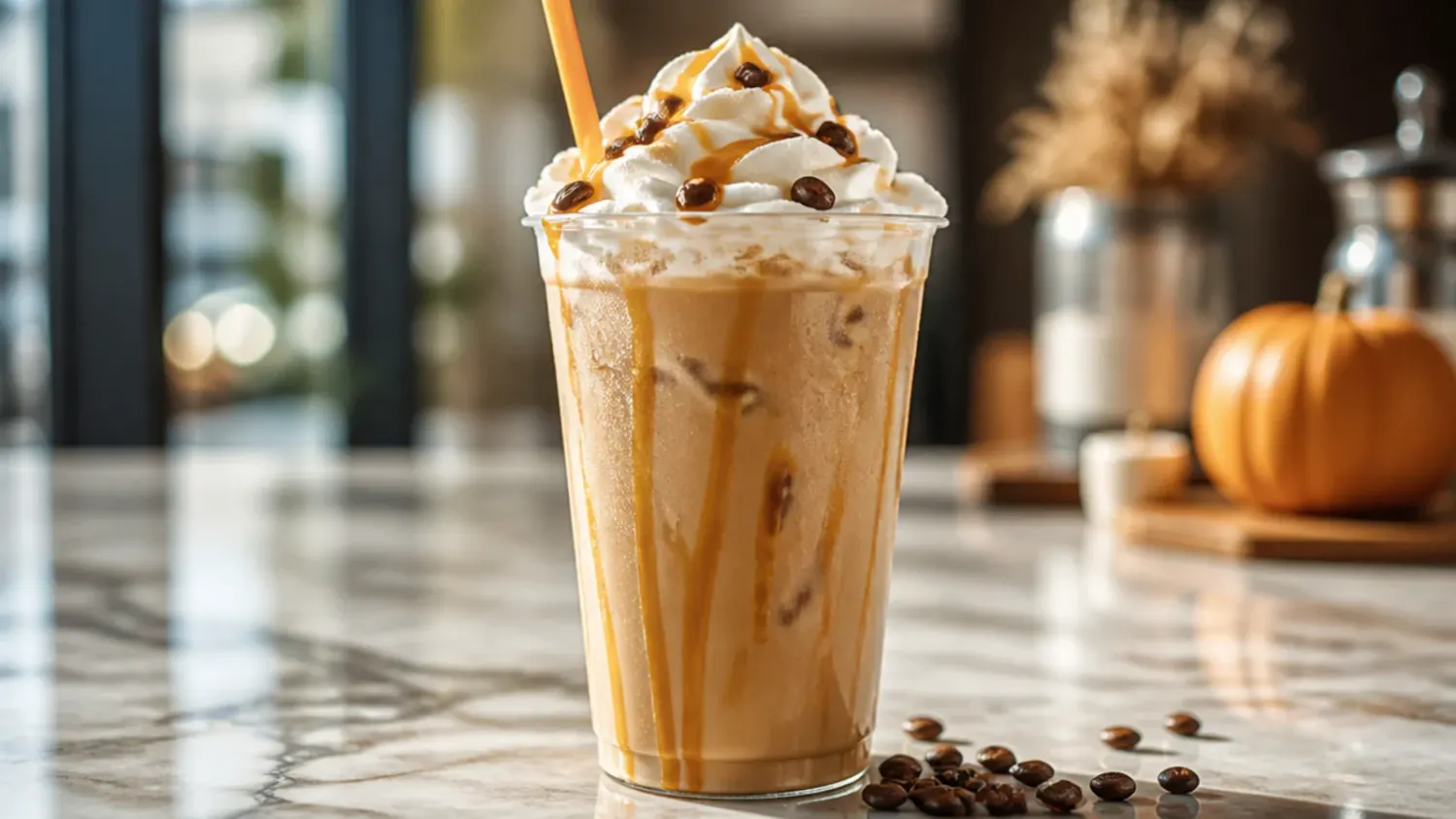 A row of cozy copycat Dunkin fall drinks in glass mugs on a wooden table, topped with whipped cream, caramel drizzle and cinnamon sugar