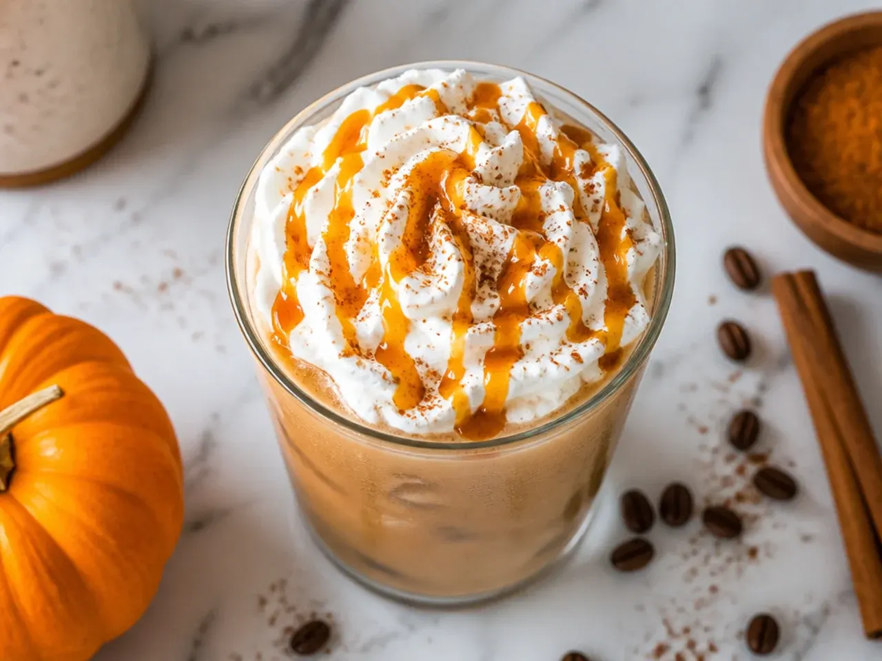 Tall glass of iced pumpkin spice latte over ice with a dusting of spice on top