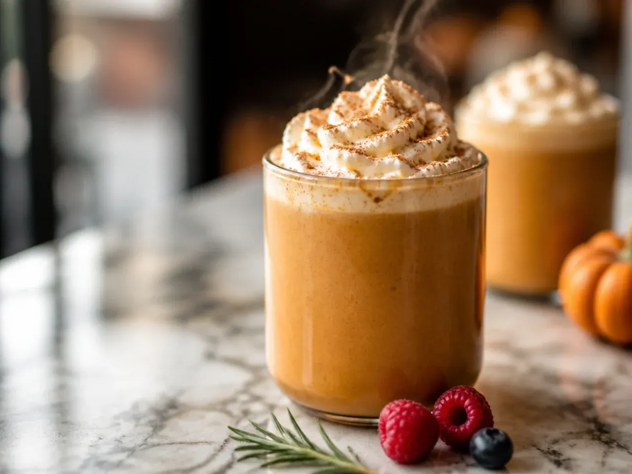 Steaming mug of hot pumpkin spice latte topped with whipped cream and caramel drizzle