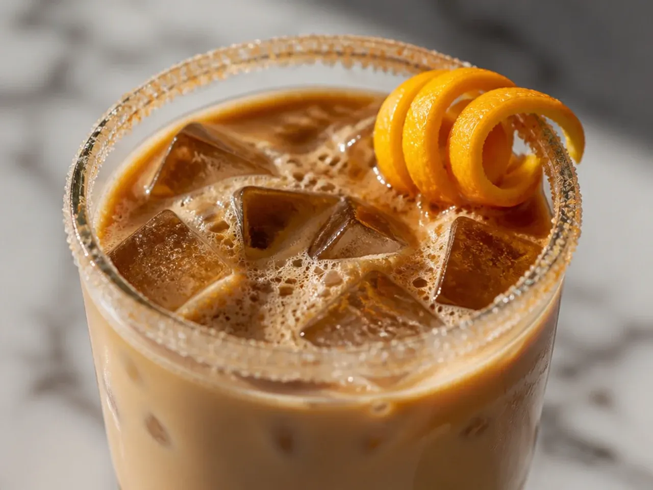 Iced Dunkalatte-style coffee milk latte in a glass showing coffee milk swirled with espresso