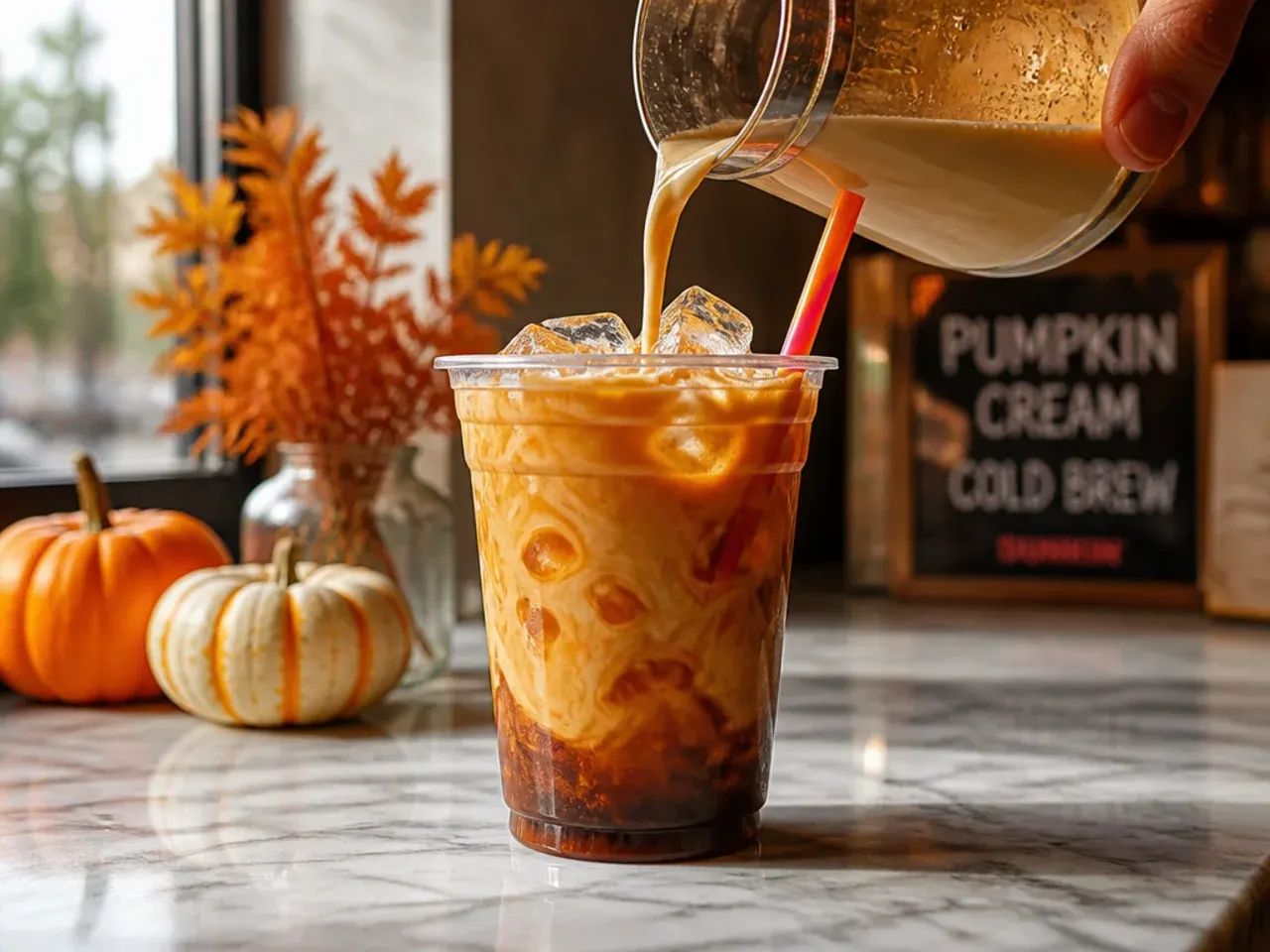 Cold brew coffee topped with a thick layer of pumpkin cream cold foam