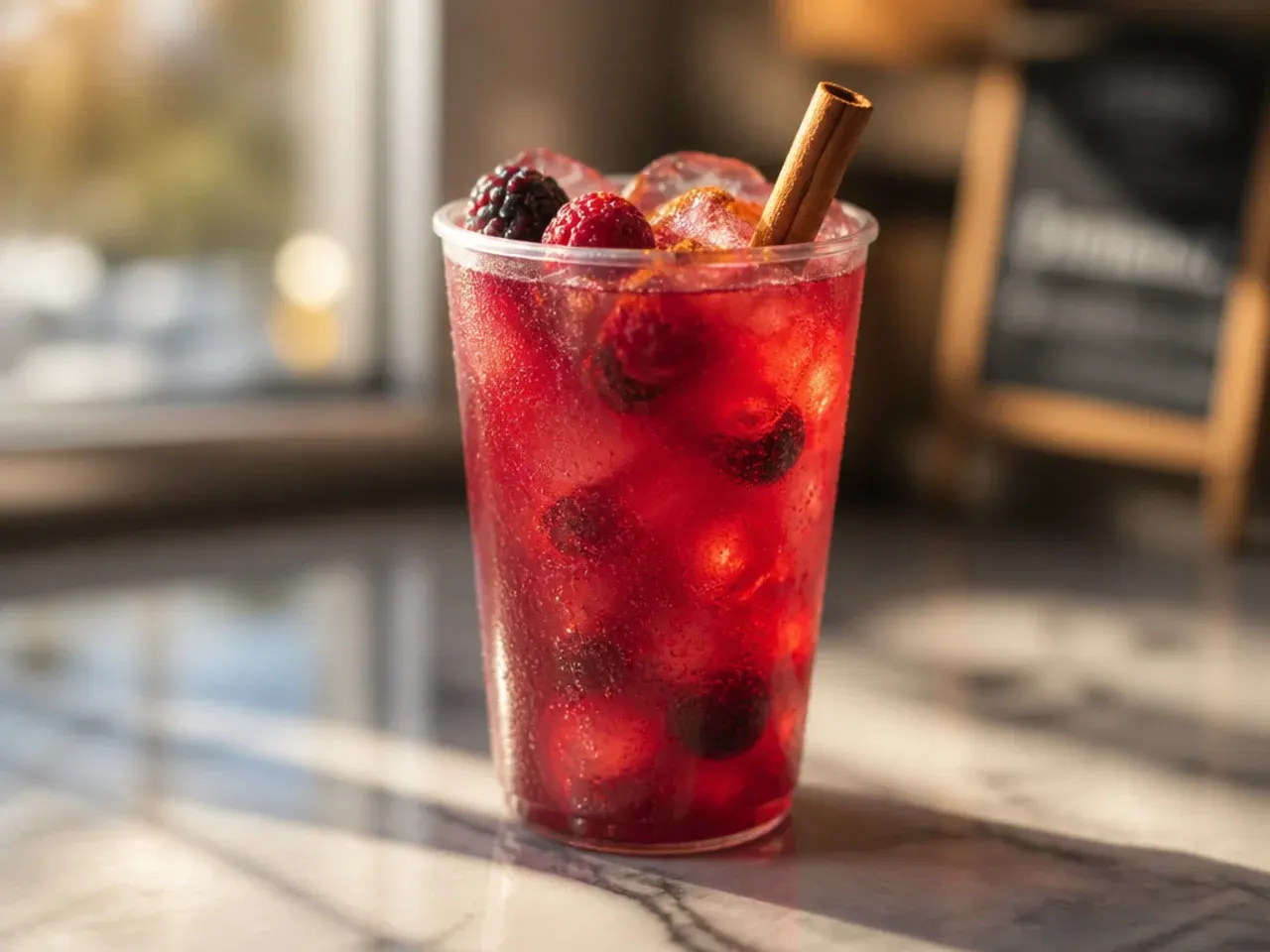 Bright purple mixed berry refresher in a glass with oat milk clouding through it and berries floating on top